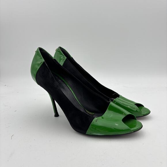Gucci Peep Toe Patent Leather Suede Green Black Pumps Heels Women's 12B - Picture 1 of 14